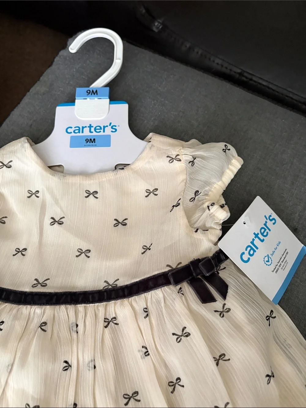 Carter's Cream Dress with Black Bow Print and Velvet Waist